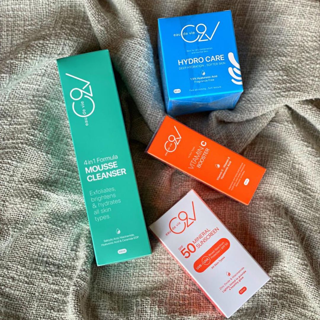 cleanser, vitamin c serum, moisturizer, and sunscreen.