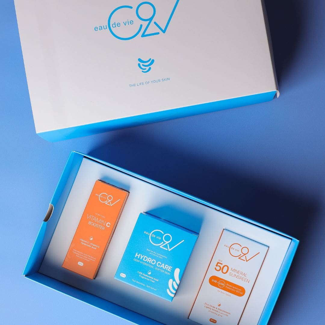 Skincare bundle that contains moisturizer, vitamin c serum, and sunscreen