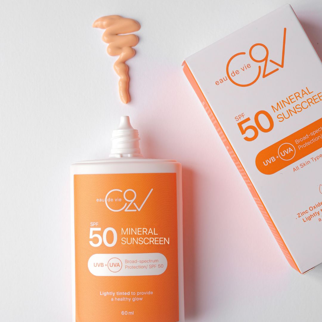 Lightly tinted sunscreen close image showing the brand